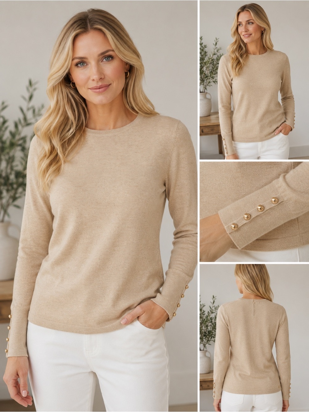 J. McLaughlin Camel Knit Crewneck Sweater with Turquoise Label